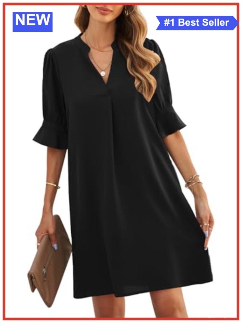 Women's Knee-Length Shift Dress V-Neck Ruffle Sleeve Lightweight Polyester